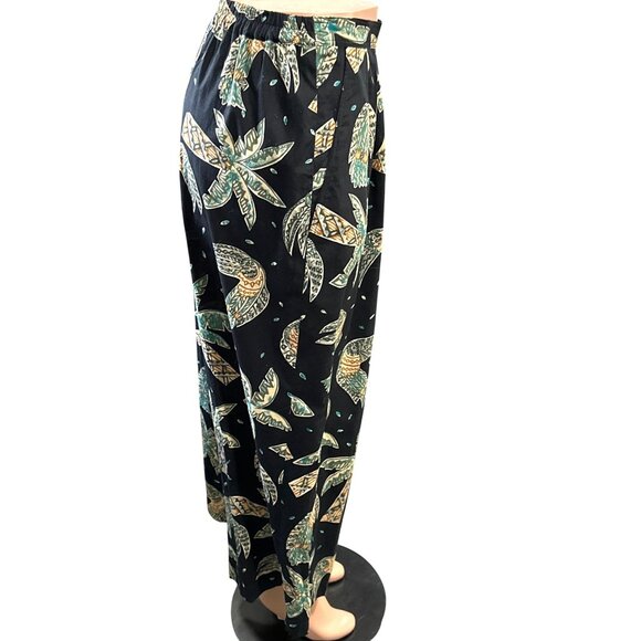 CCC Vintage Boho Black Wide Leg Pants With Leaf Print Elastic Waist Size Medium - Picture 2 of 7